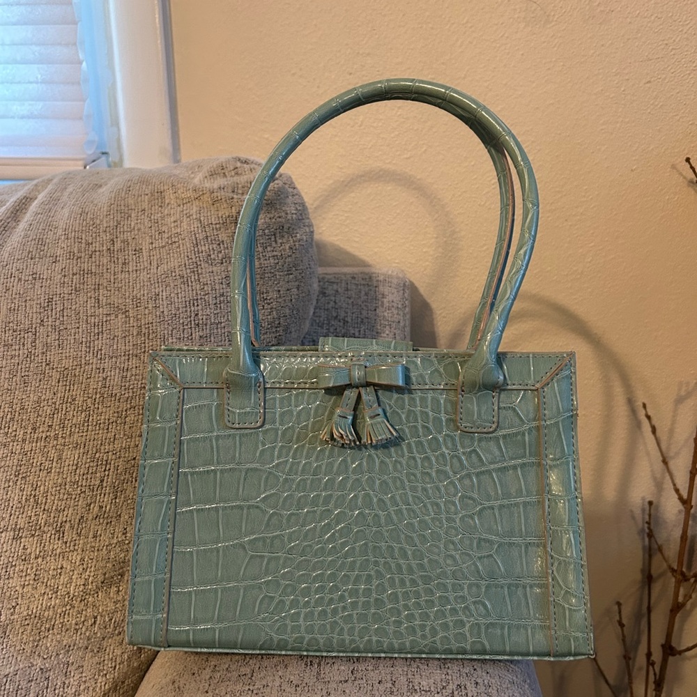 Y2K Liz Claiborne Faux Croc Embossed Aqua Patent mini Purse Handbag Bow Tassel